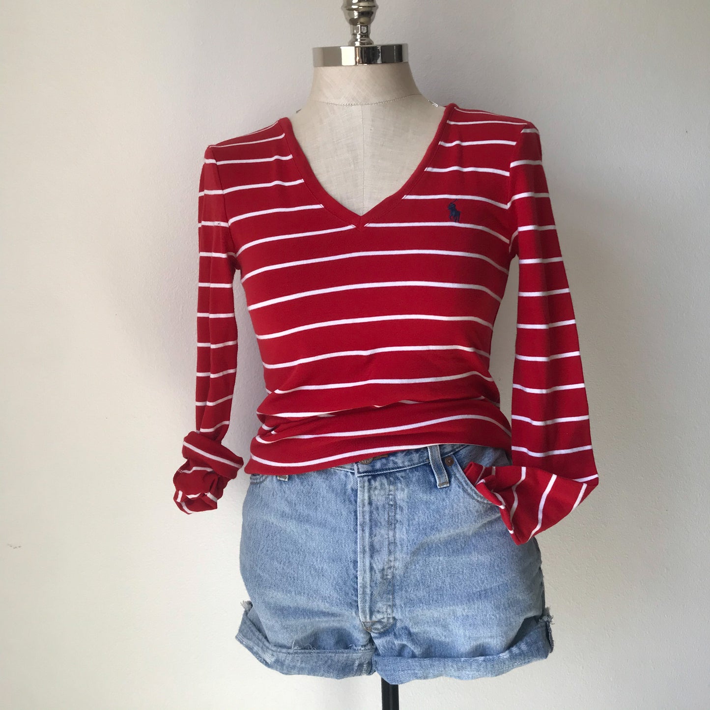 Polo RL Red and white striped v-neck tee. Medium.