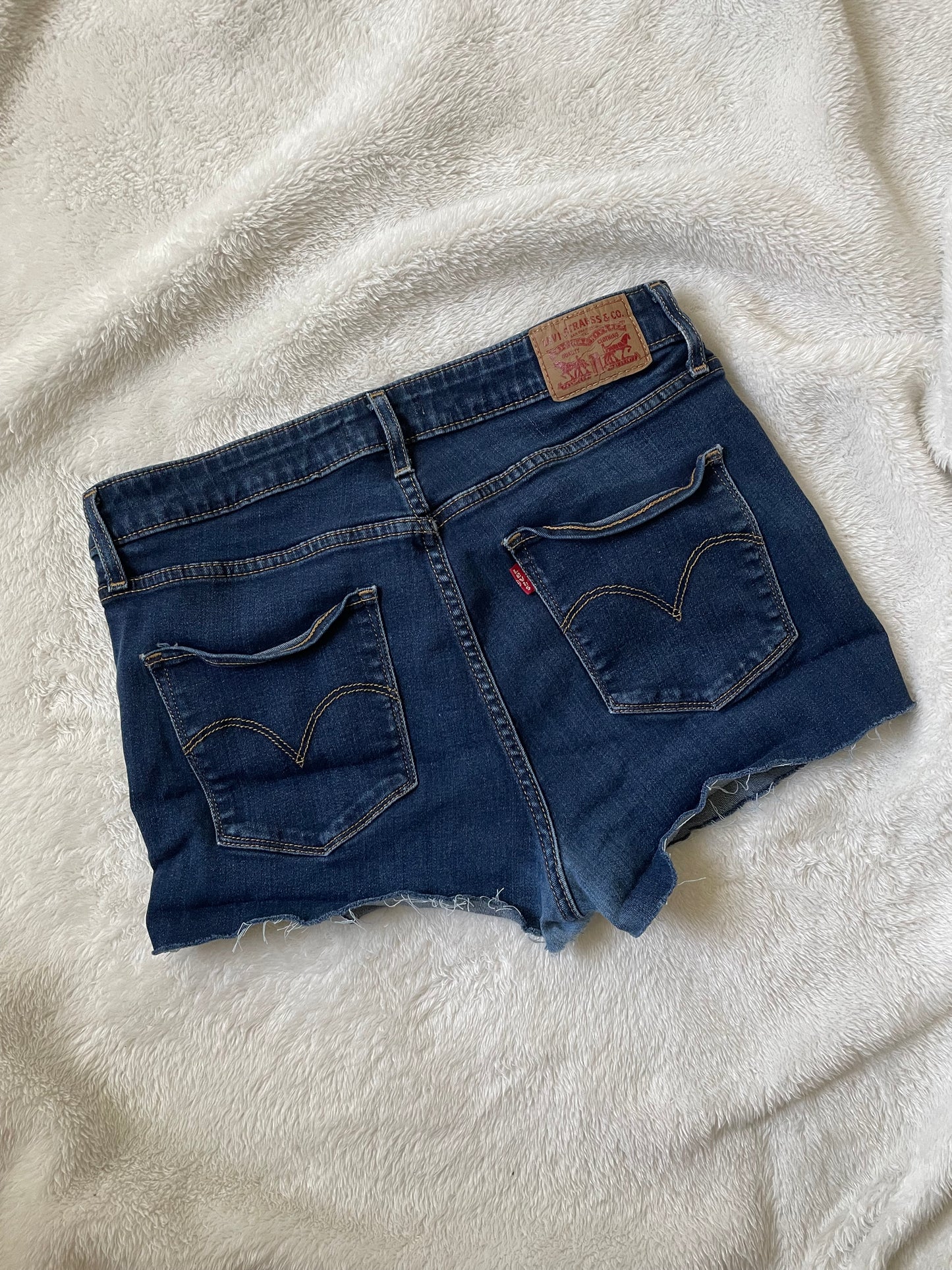 Levi’s dark blue high rise Upcycled shorts.