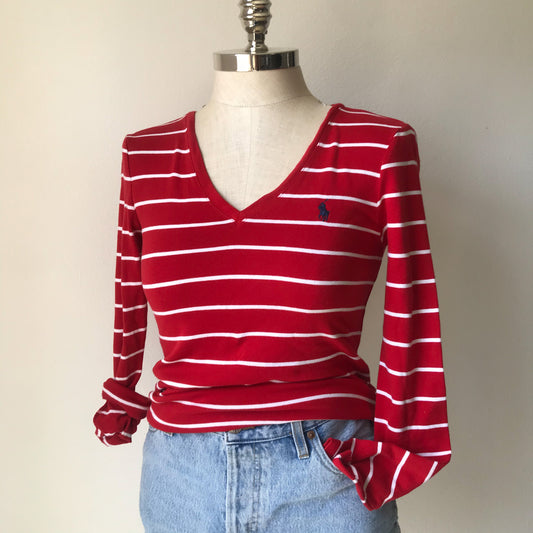 Polo RL Red and white striped v-neck tee. Medium.
